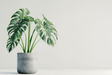 Monstera deliciosa, a large-leaved house plant, in a gray pot against a white background. - obrazy, fototapety, plakaty