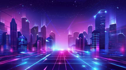 Fototapeten City skyline with neon lights, futuristic buildings. Skyscraper futuristic city. © ellisa_studio