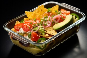 Juicy nachos in a bento box against a frosted glass background