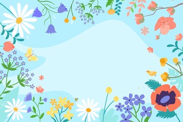 Fototapeta na wymiar Hand drawn flat spring background with a frame of colorful blooming flowers