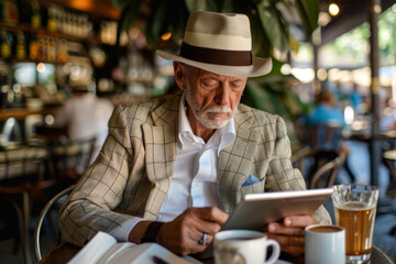Senior man using digital tablet and drinking coffee in a pub or restaurant.
