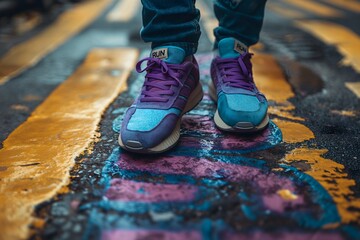 child walking on the road with colorful sport shoes