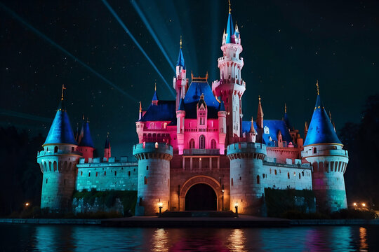 castle in the night city, fairy tale castle, castle in night, castle with neon lights, neon lights