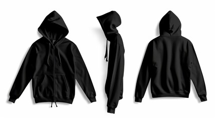A black hooded sweatshirt for men with long sleeves, equipped with a zipper and a clipping path, ready for design mockups, isolated on a white backdrop