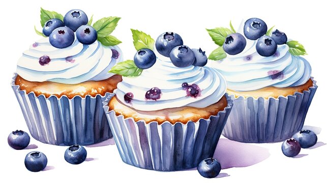 Watercolor illustration painting of blueberry cupcake muffins, isolated on white background.