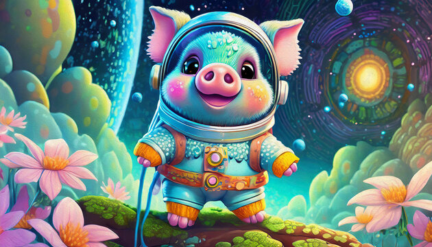 Oil painting style cartoon character baby pig Astronaut adrift in Space 