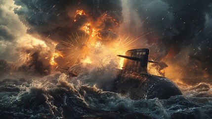 submarine on the sea ,battle,Fireworks at sea Medium CloseUpMCU , rough waves - obrazy, fototapety, plakaty