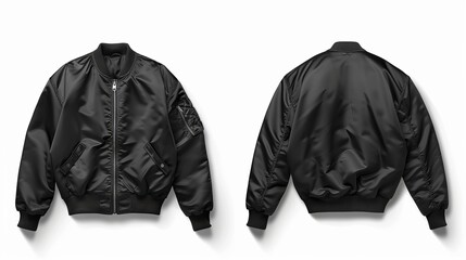 A bomber jacket in black, shown from both front and back views, isolated on a white background