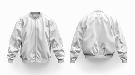 A bomber jacket in white, both front and back, is presented isolated on a white backdrop, ideal for mockups, presentations, or showcasing design projects