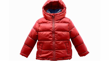 A children's red hooded warm sport puffer jacket, presented in ghost mannequin photography over a white background