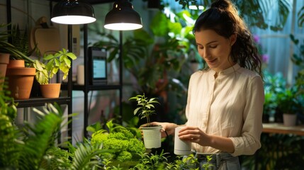 Woman Holding Potted Plant in Greenhouse