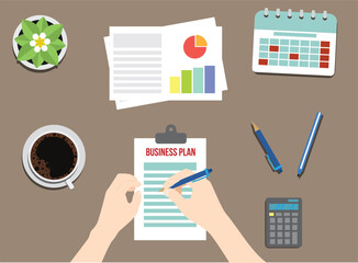 Writing a Business Plan on Office Desk Top View. Entrepreneurship and work concept vector art