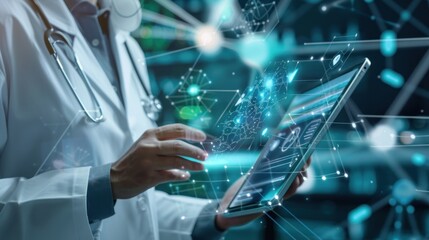 doctor typing on tablet at work .Medical health care hologram, Teamwork concept, information technology.