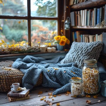Cozy autumn evrning at home, with movie and Tea