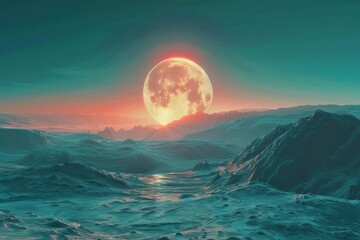 Space landscape. Desert landscape on the surface of another planet with mountains and giant moon in space. Extraterrestrial landscape, scenery of alien planet in deep space. - obrazy, fototapety, plakaty