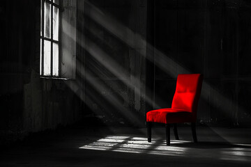 A red chair inside a dark empty room with light falling on it