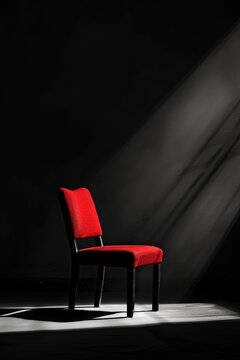 A red chair inside a dark empty room with light falling on it