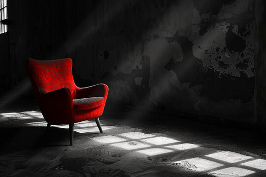 A red chair inside a dark empty room with light falling on it