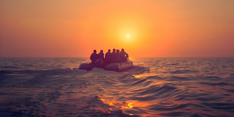 Refugees arriving on shore at sunrise in an inflatable boat - no identifiable individuals. Concept Refugee Crisis, Sunrise Arrival, Inflatable Boat, Migration, Global Issue