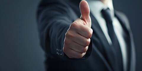 A person in a suit giving a thumbs-up sign. 