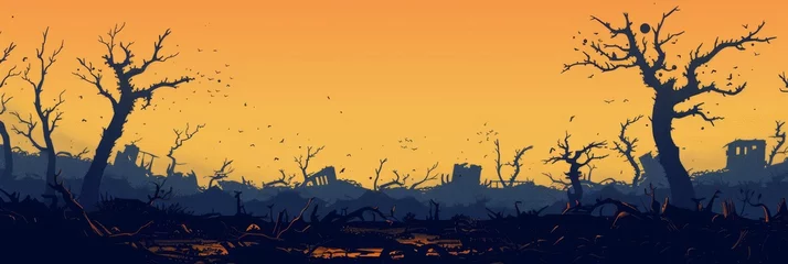Fotobehang Wasteland landscape pattern, with silhouettes of dead trees, scattered debris, and distant ruins under a bleak sky, desolation of post-apocalyptic world created with Generative AI Technology © Sentoriak