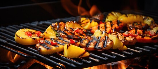A person is grilling food over the fire, preparing a delicious dish for the outdoor event. The aroma of the cooking meat fills the air, creating a mouthwatering recipe - obrazy, fototapety, plakaty