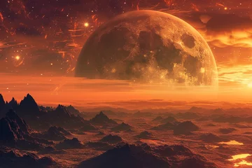 Photo sur Plexiglas Brique Space landscape. Desert landscape on the surface of another planet with mountains and giant moon in space. Extraterrestrial landscape, scenery of alien planet in deep space.