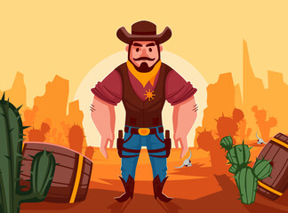 Hand drawn cowboy composition background with a sheriff on wild west landscape