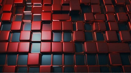Futuristic red shiny metallic square rectangular geometric sheets pattern background abstract minimalist modern technology from Generative AI - obrazy, fototapety, plakaty