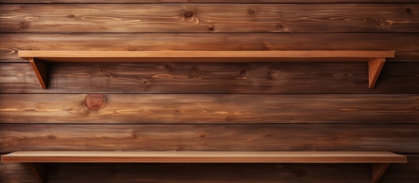 Three brown wooden shelves mounted on a hardwood wall, showcasing a beautiful wood grain pattern. The shelves are made of sturdy lumber planks with a glossy varnish finish