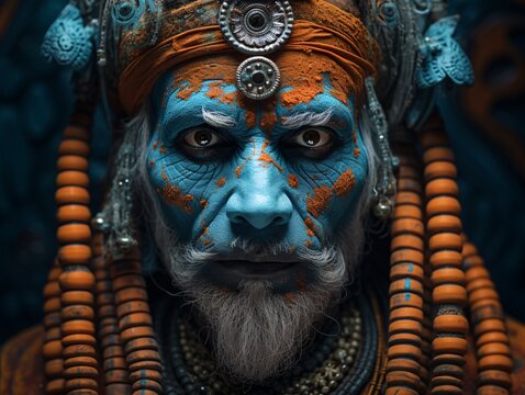a man with blue face paint and orange beads