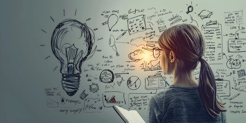 Fototapeta premium Whiteboard Character Brainstorming Brilliant Ideas on Canvas of Concepts with Copy Space for and Innovation