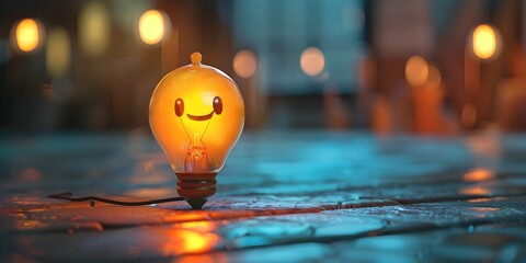 A whimsical light bulb character illuminating innovative ideas and sparking with copy space - obrazy, fototapety, plakaty