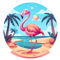 A pink flamingo stands on a beach.