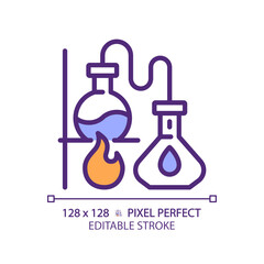 Distillation RGB color icon. Chemistry lab. Boiling flask. Chemical experiment. Separation process. Isolated vector illustration. Simple filled line drawing. Editable stroke. Pixel perfect