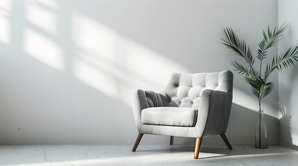 Modern minimalist interior with an armchair and plant. Perfect for contemporary decor themes. Ideal for web and print design. AI
