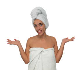 A smiling young woman, freshly out of the shower, is depicted with a towel wrapped around her chest and another on her head. Her hands are in  gesture of contentment and relaxation on empty background