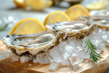 Fresh oysters on ice with lemon.