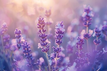 Obraz premium A breathtaking lavender field with soft shades of lilac and pastel pinks and blues. The blooming flowers sway in the gentle breeze, creating a tranquil and serene atmosphere. A picturesque landscape