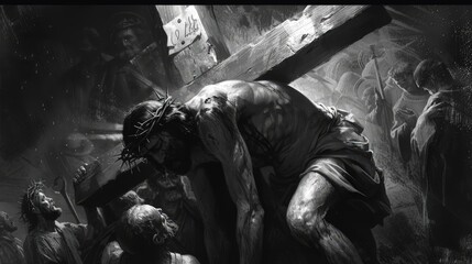 The Via Crucis: An Artistic Black and White Interpretation of Jesus Carrying the Cross, Symbolizing Sacrifice and Redemption
