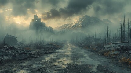 Wasteland landscape pattern, with silhouettes of dead trees, scattered debris, and distant ruins under a bleak sky, desolation of post-apocalyptic world created with Generative AI Technology - obrazy, fototapety, plakaty
