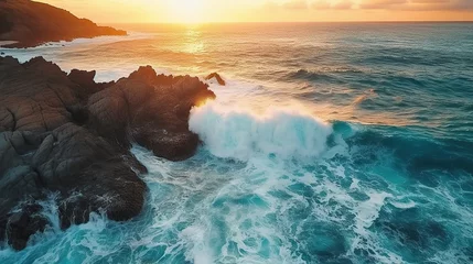 Ingelijste posters Spectacular drone photo, top view of seascape ocean wave crashing rocky cliff with sunset at the horizon as background. Beautiful coastal scenic landscape with turquoise water beating rocky boulder © May