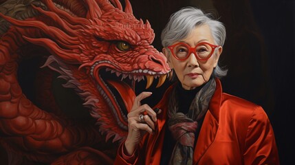 an older woman posing with a dragon - obrazy, fototapety, plakaty