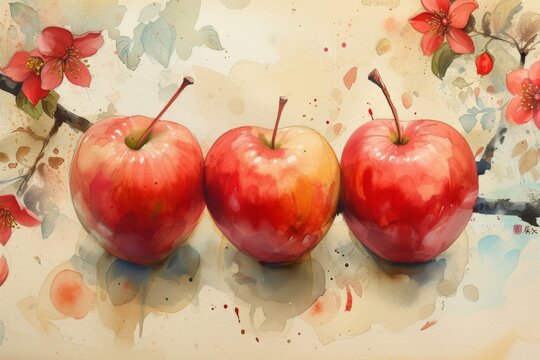 Still life painting of three red apples on a branch with a flower in the background