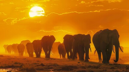 Fototapeta na wymiar Elephant Herd Walking in Golden Sunset