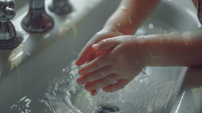 Child hands washing under the faucet in the bathroom