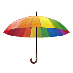 Front view of open rainbow umbrella isolated on a cutout PNG transparent background. Symbol of homosexuality