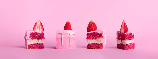 set of four slice of strawberry cake in different side, front, back, left, right isolated on pink...