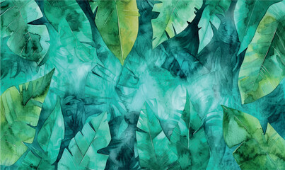 watercolor pattern background blue and green leaves