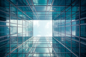 A modern office building view from below